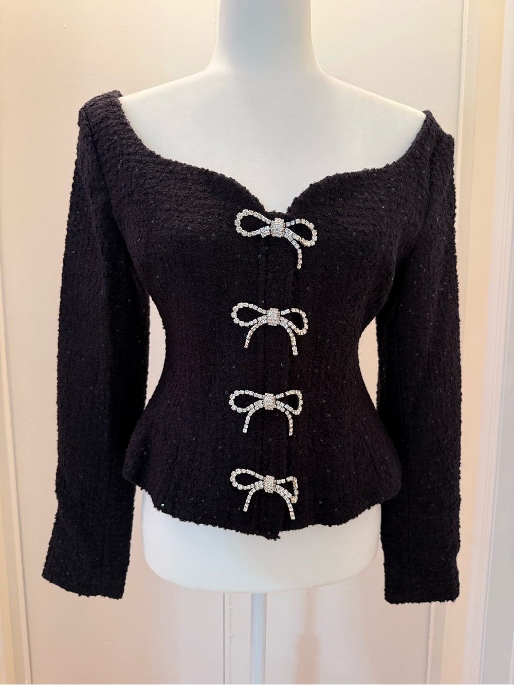 Hill House Black Bouclé Jacket with Crystal Bow Accents